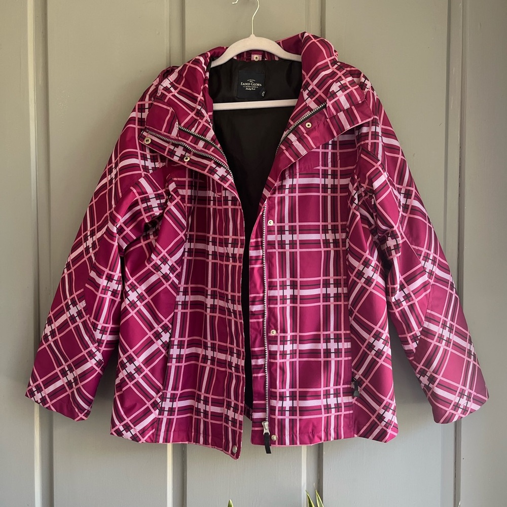 Faded Glory Magenta Plaid Hooded Rain Jacket